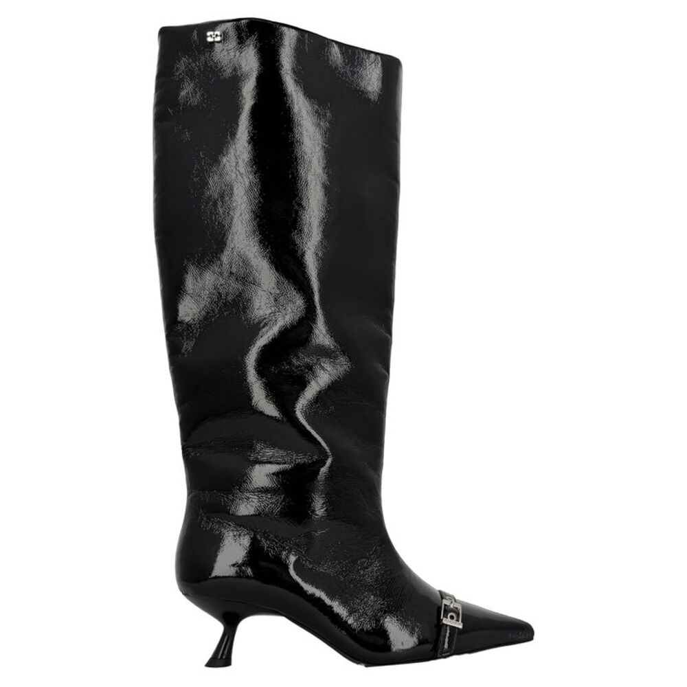 Ganni Eyelet-detail Slouch Knee-high Boots in Black Patent Leather